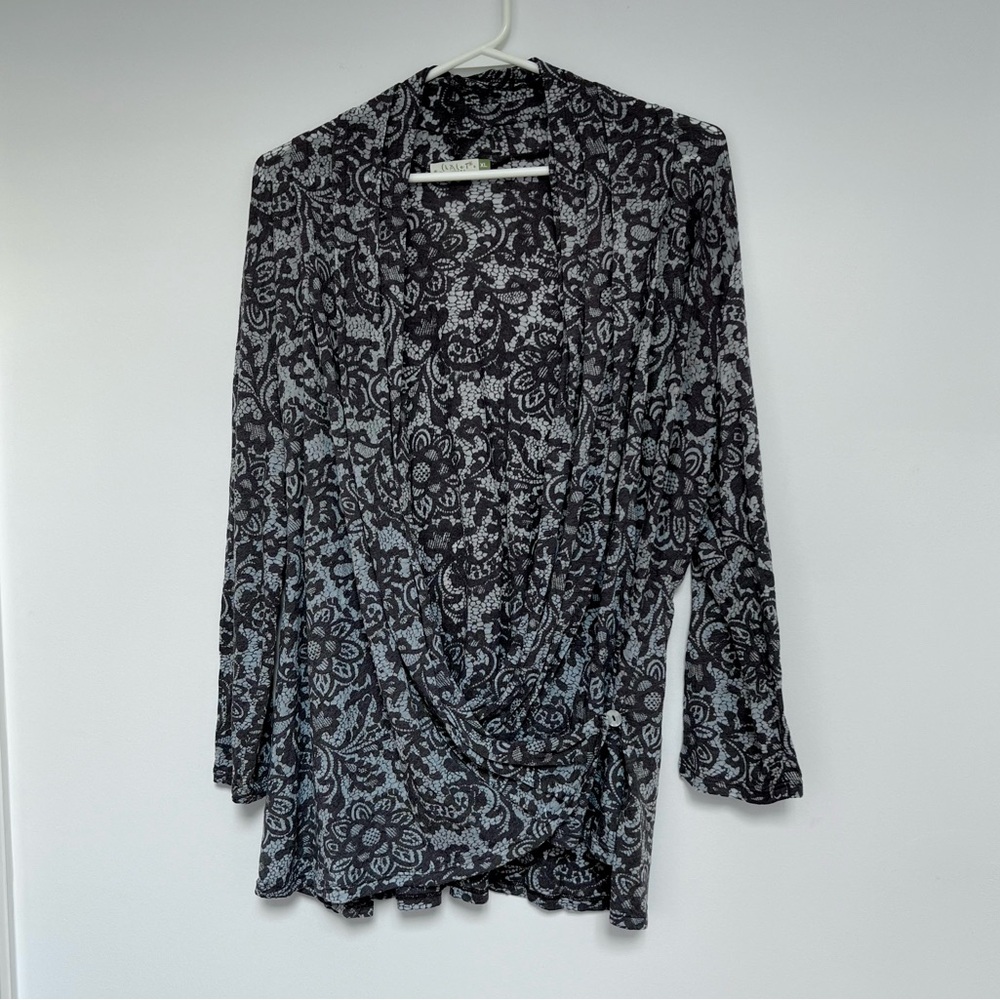 Chalet (XL) Black Blue Floral Pattern Asymmetrical Front Wrap Flowy Cardigan